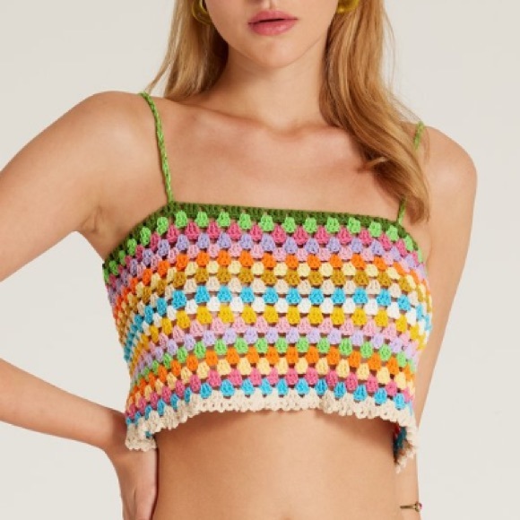 New Society Mano x Free People Colorful June M Green Crochet Handmade Crop Tank - Picture 8 of 14